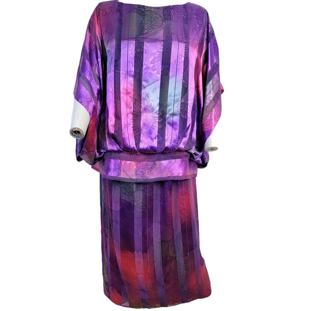 Vintage 80s Set Women 12 Colorful Floral Stripe Midi Skirt Blouse Top Shirt Pink - Picture 5 of 16